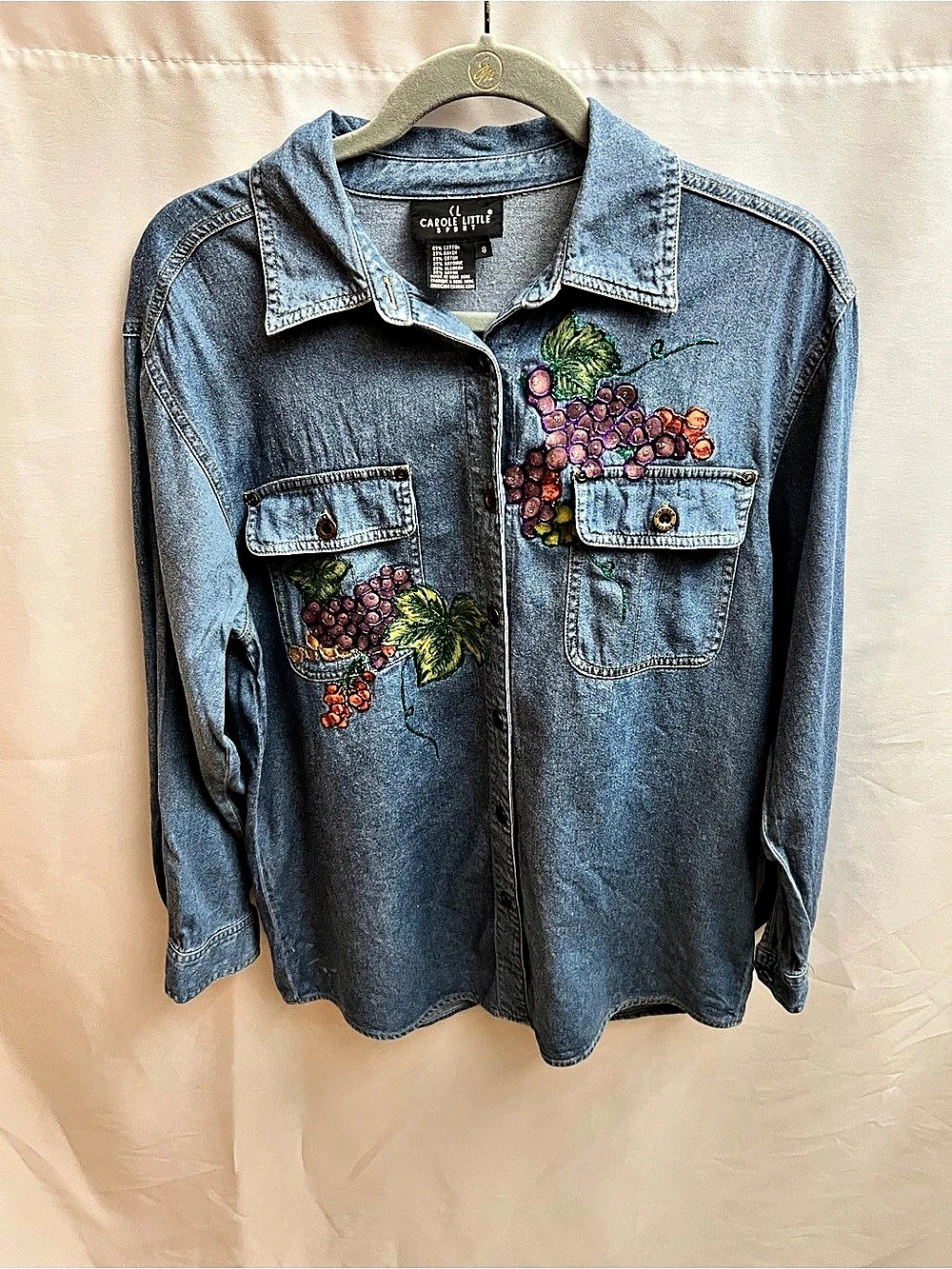 Carole Little Sport Denim Shirt Small Wine Grapes Embellished Button Front